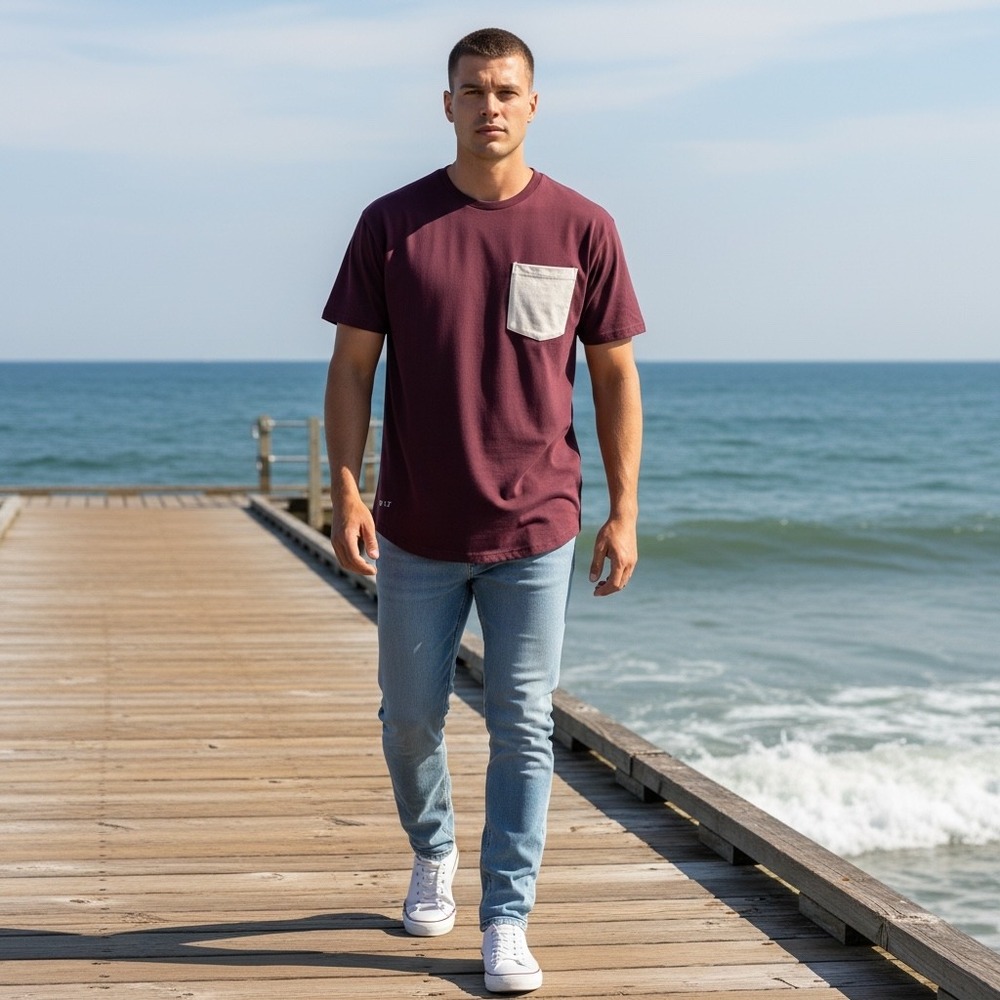 BYLT Basics Mens Drop-Cut Pocket Tee Maroon Burgundy Bone White Small XDC_SS_PT